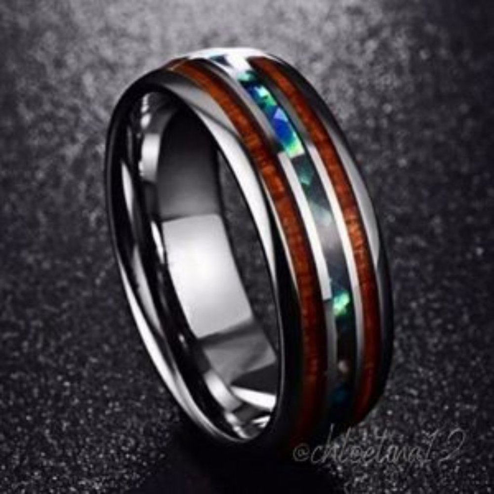 - New Unisex Tungsten Hawaiian Koa Wood Abalone Ring - Picture 2 of 6
